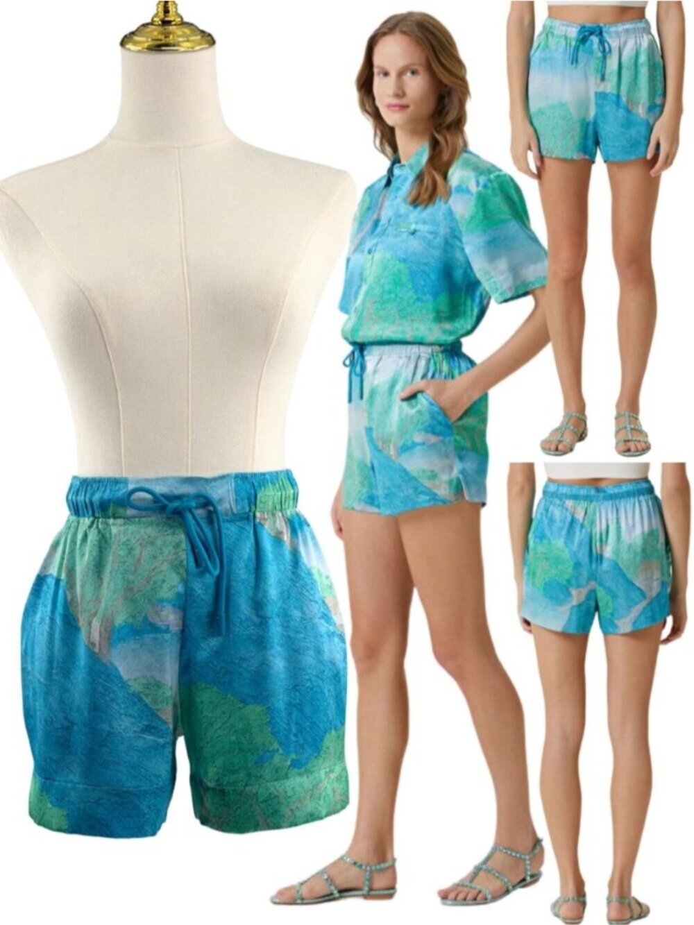 🆕 CULT GAIA 🧿 NWT Oby Printed Silk Short, Blue Landscape - Sz XXS